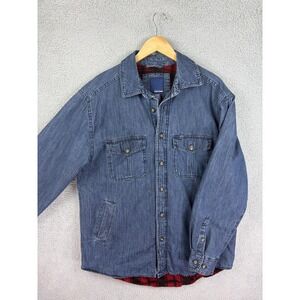 Basic Editions Jacket Mens Medium Blue Denim Plaid Lined Shirt Shacket Workwear